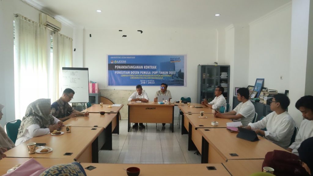 Lembaga Penelitian dan Pengabdian Masyarakat (LPPM) Universitas Islam Makassar (UIM Al-Gazali) menggelar penandatanganan Kontrak Penelitian Dosen Pemula (PDP) yang berlangsung di Ruang Rapat LPPM UIM Al-Gazali, Senin (28/08/2023).
